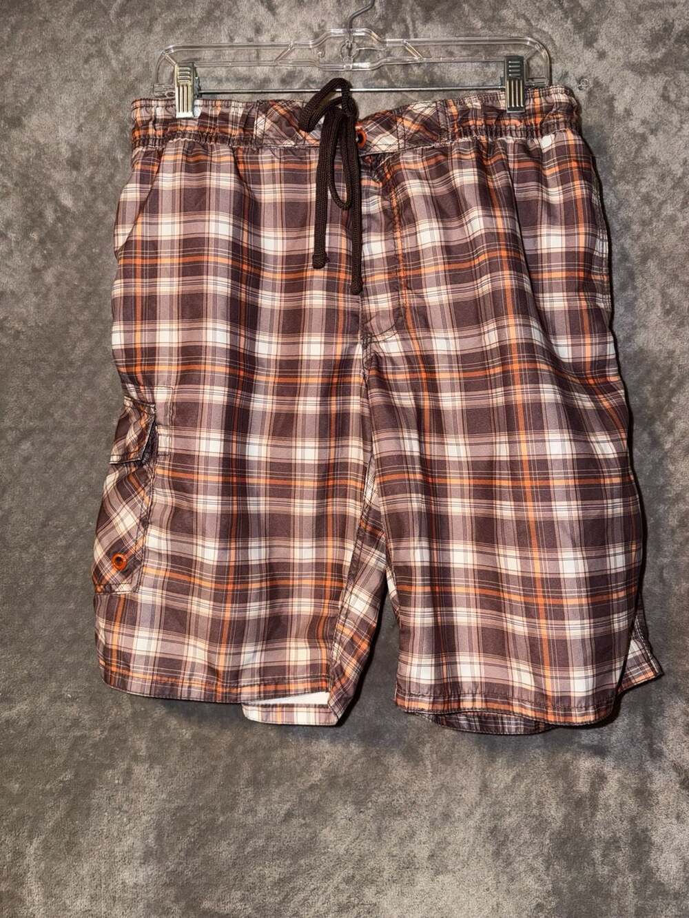 Mens Brown Plaid Cargo Swim Trunks with Mesh Lining